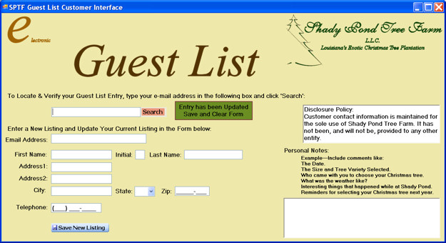 e-Guest List Customer Interface Screen