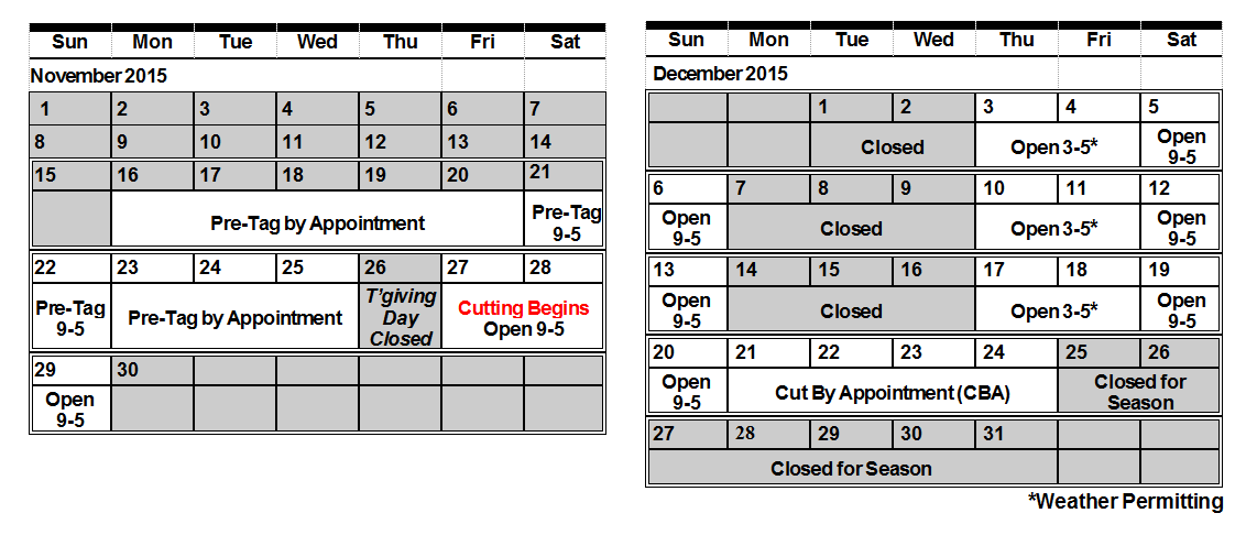 Shady Pond Tree Farm, 2014 Season Schedule