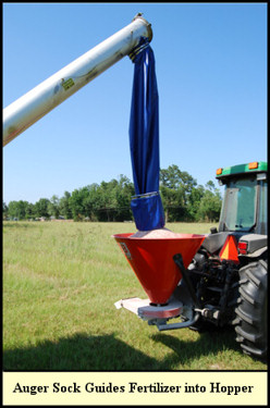 The auger sock mounted on the Adams fertilizer tender helps guide the material into the spreader.