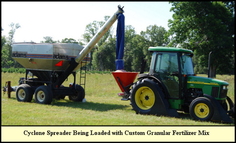 Fertilizer tender is used to load cyclone spreader.